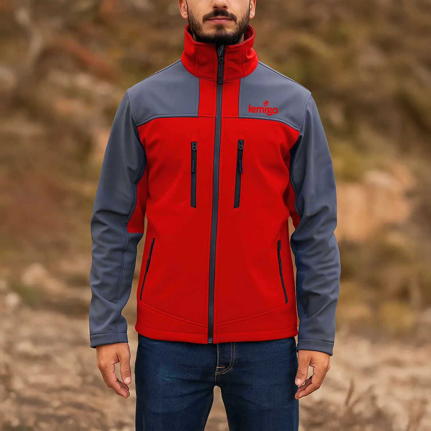 Lemigo Su ve Rüzgar Geçirmez Softshell Mont – Lemigo – Kırmızı-Gri