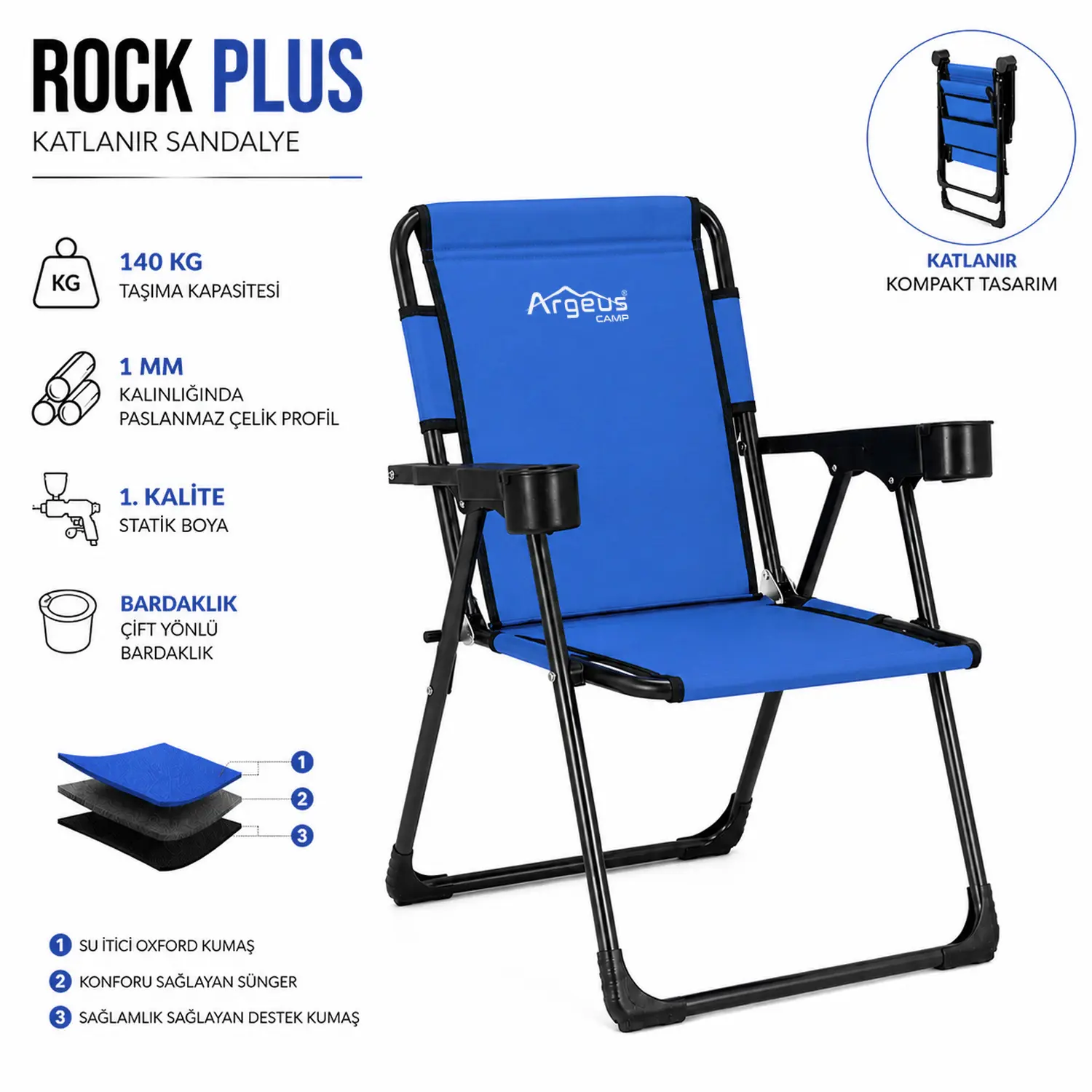 ARGEUS Katlanır Piknik ve Kamp Sandalyesi – Bardaklıklı – Rock Plus – Mavi