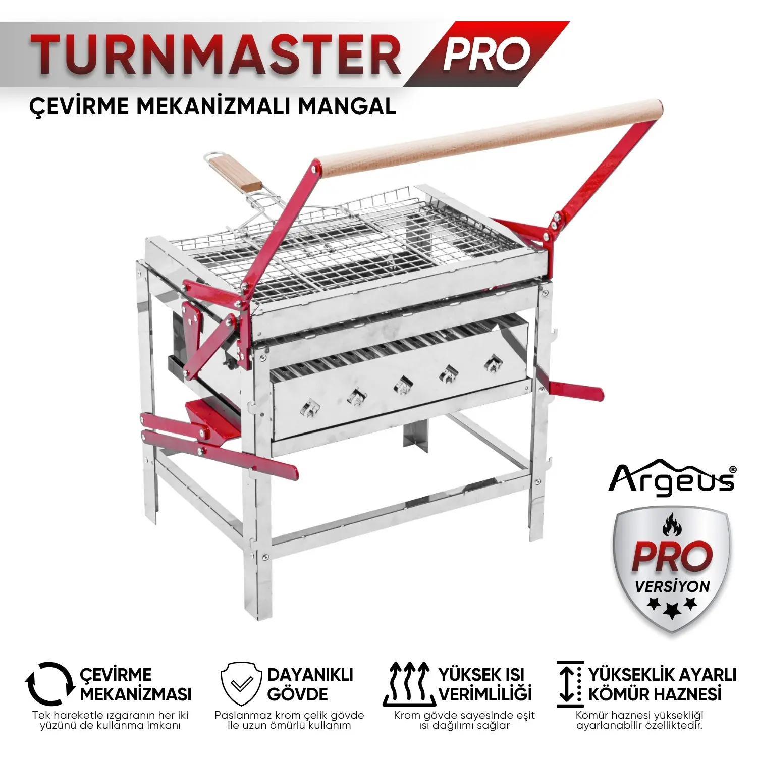 ARGEUS Çevirme Mekanizmalı Krom Mangal – Yükseklik Ayarlı – Argeus Turnmaster Pro