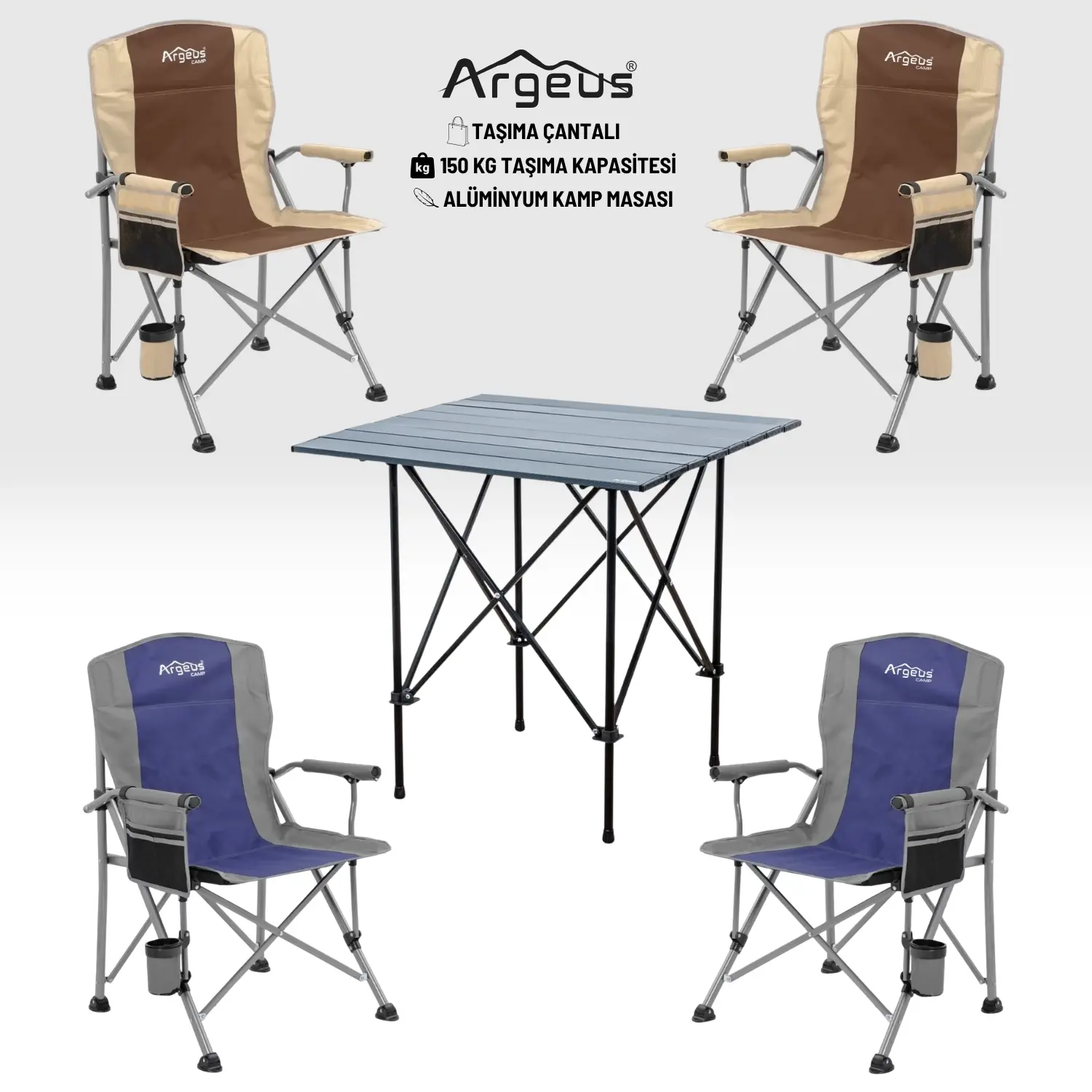 ARGEUS 4 Adet Katlanır Kamp Sandalyesi ve Alüminyum Masa Seti – Rustic Dark – Kum/Mavi