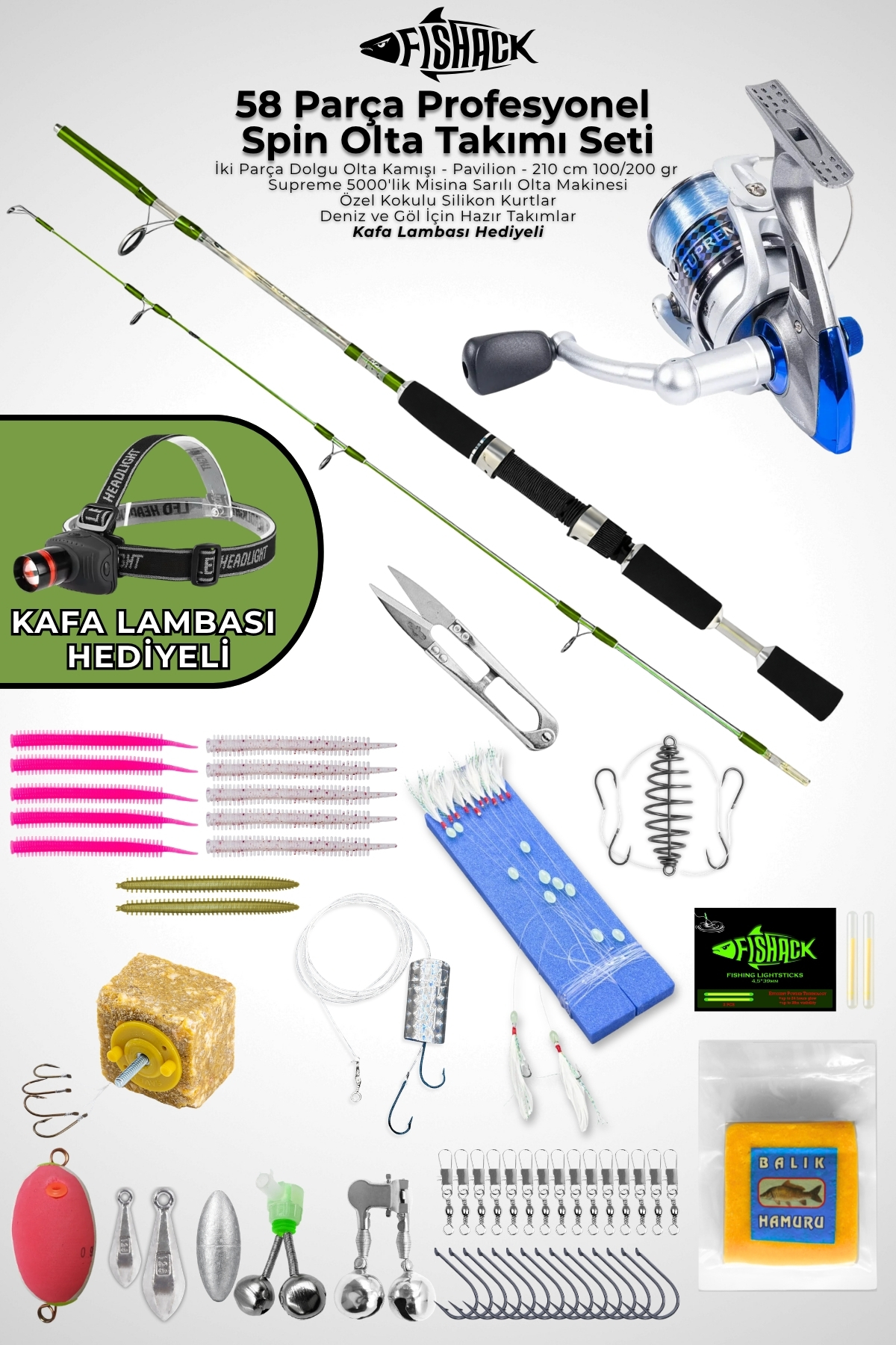 Fishack 58 Parça Spin, Tekne, Kıyı Olta Takımı Seti – 210cm Yşl 100-200G – 50’lik Makine