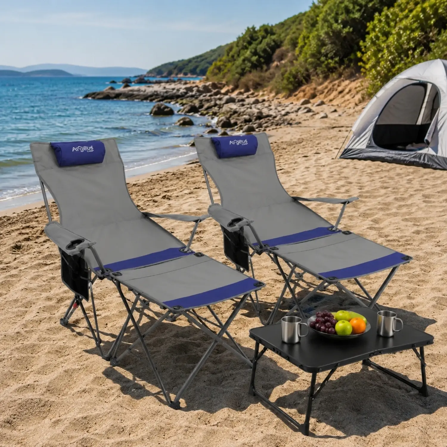 2 Adet Şezlong Kamp Sandalyesi ve Masa Seti – Plaj Seti – Lounge Elevate – Mavi
