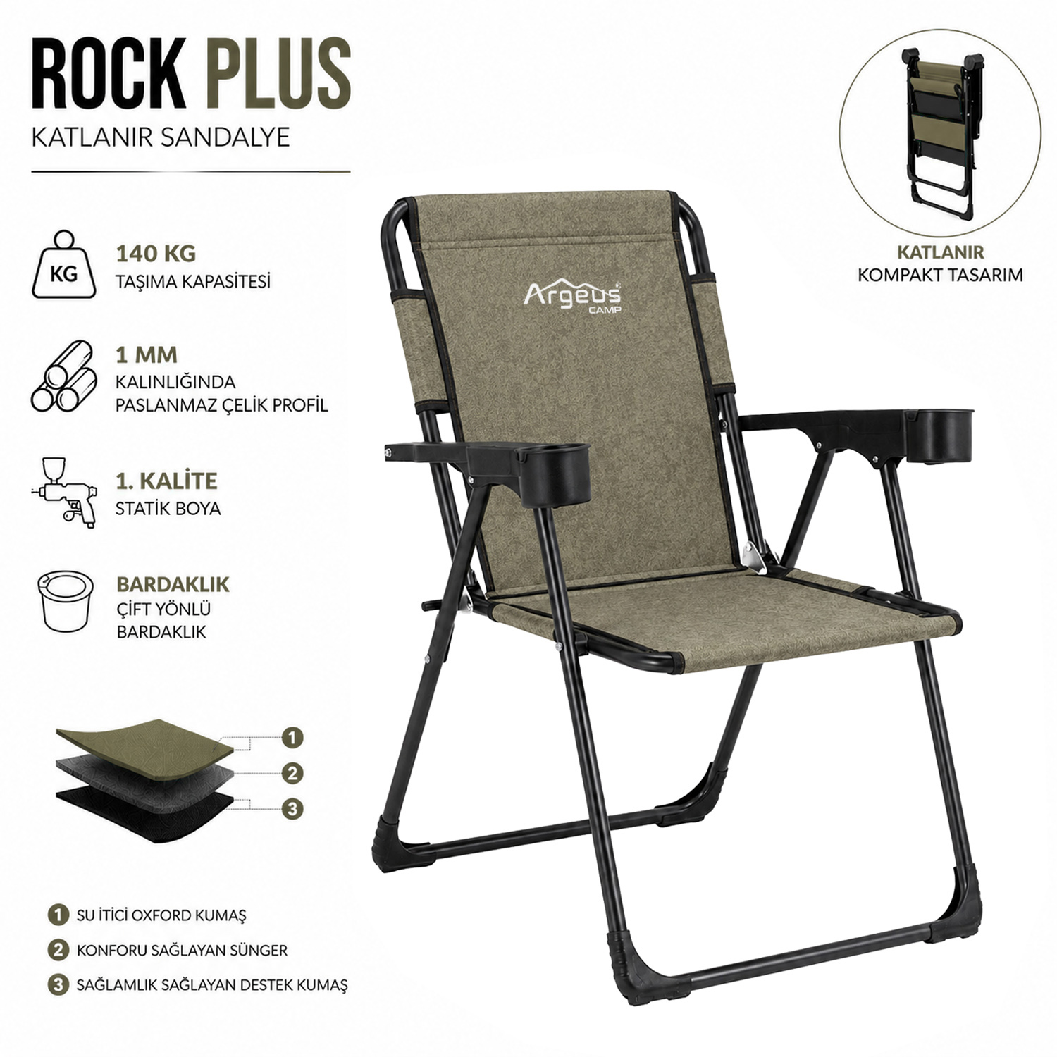 Katlanır Piknik ve Kamp Sandalyesi – Bardaklıklı – Rock Plus – Gusto Haki