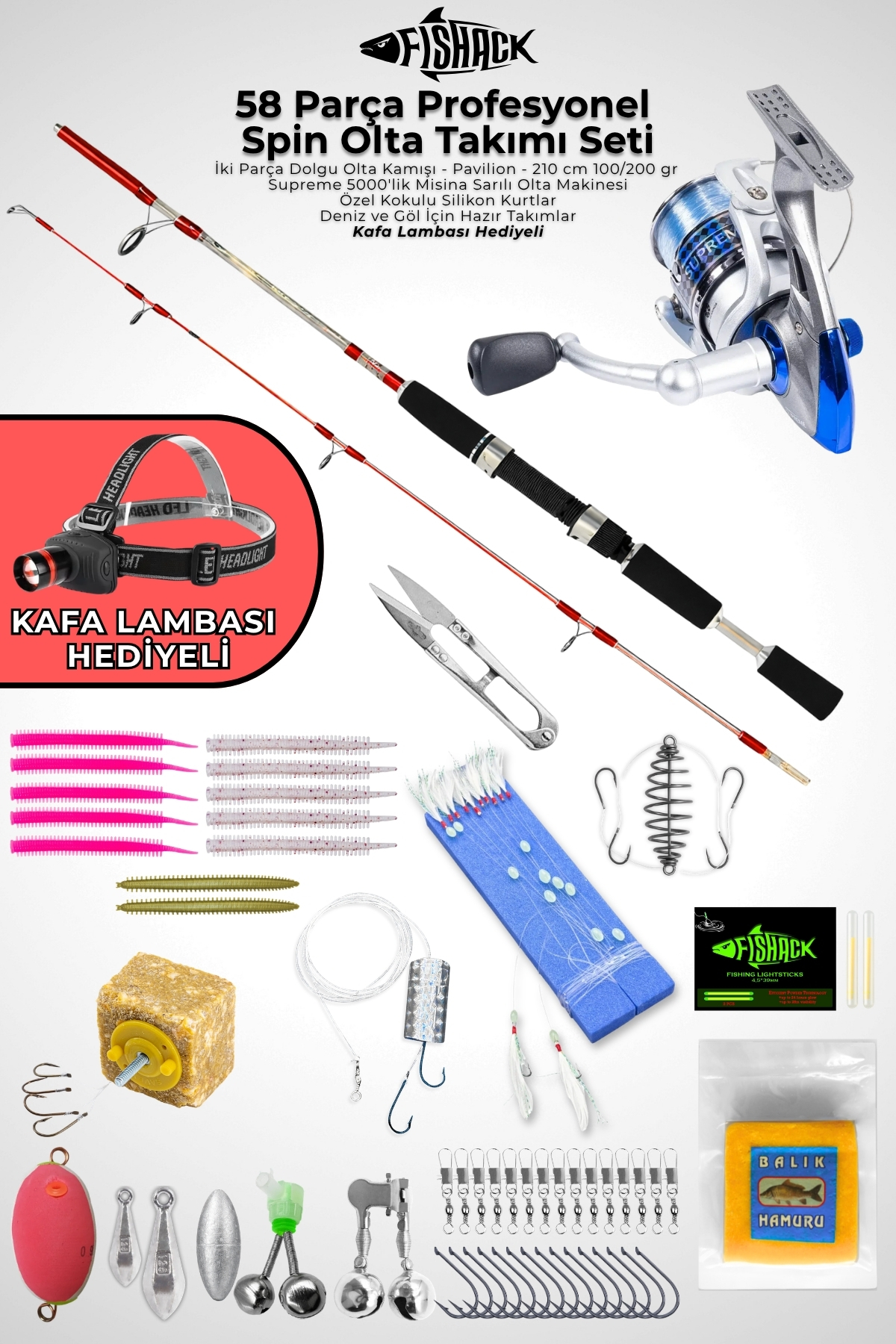Fishack 58 Parça Spin, Tekne, Kıyı Olta Takımı Seti – 210cm Krm 100-200G – 50’lik Makine