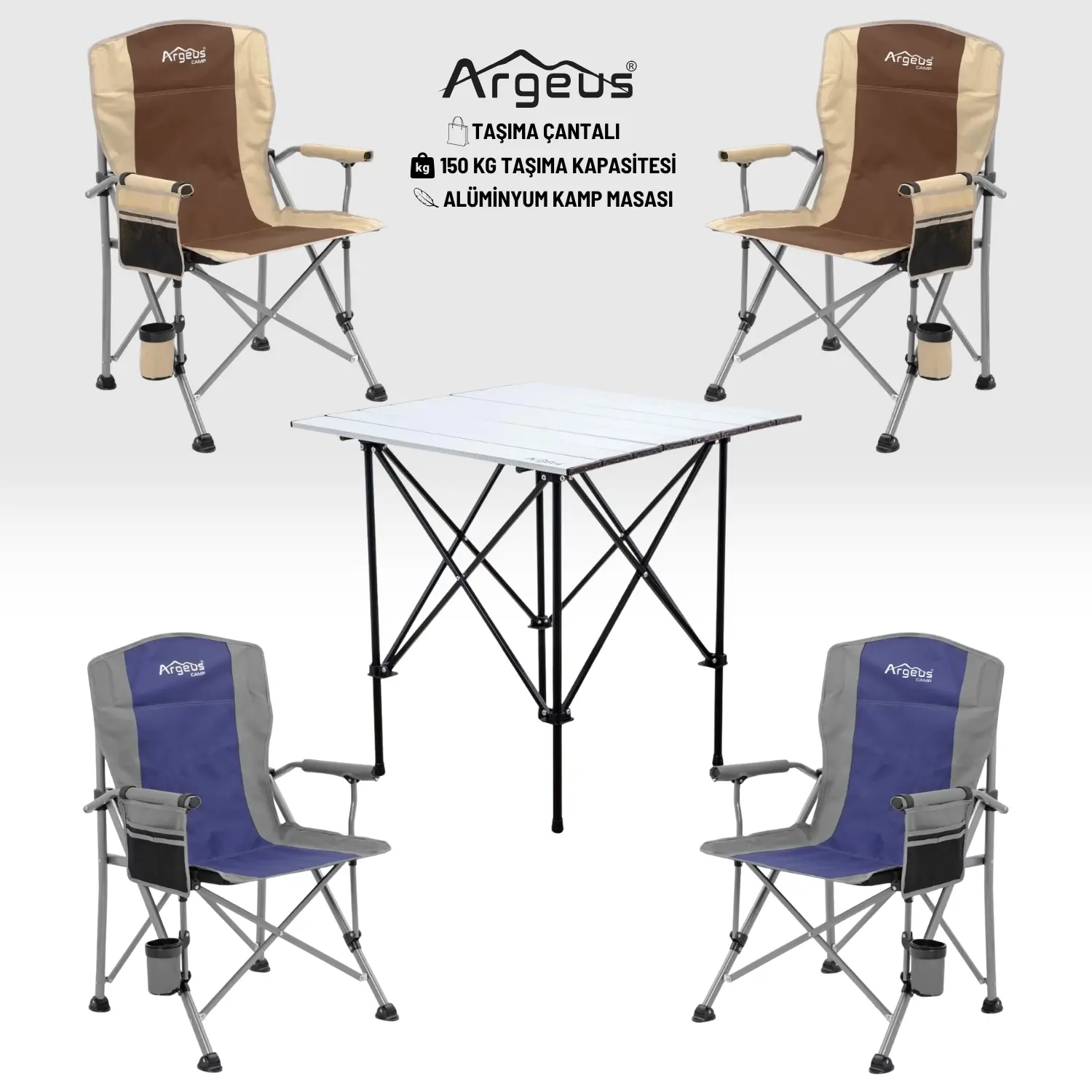 ARGEUS 4 Adet Katlanır Kamp Sandalyesi ve Alüminyum Masa Seti – Rustic Silver -Kum/Mavi