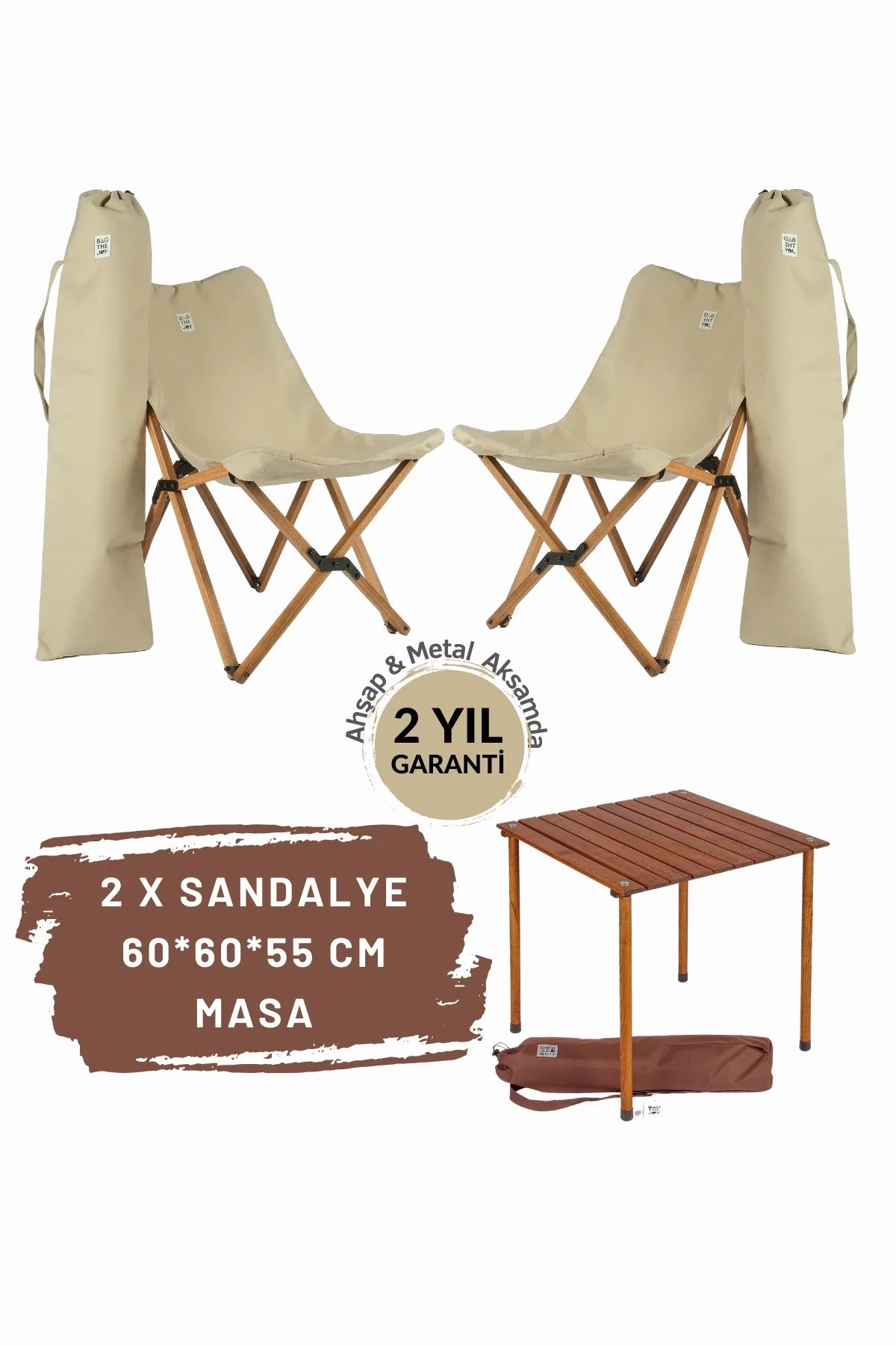 BAG THE JOY AHŞAP KATLANIR MASA SANDALYE SETİ – KAHVERENGİ – BEJ -60*60*55