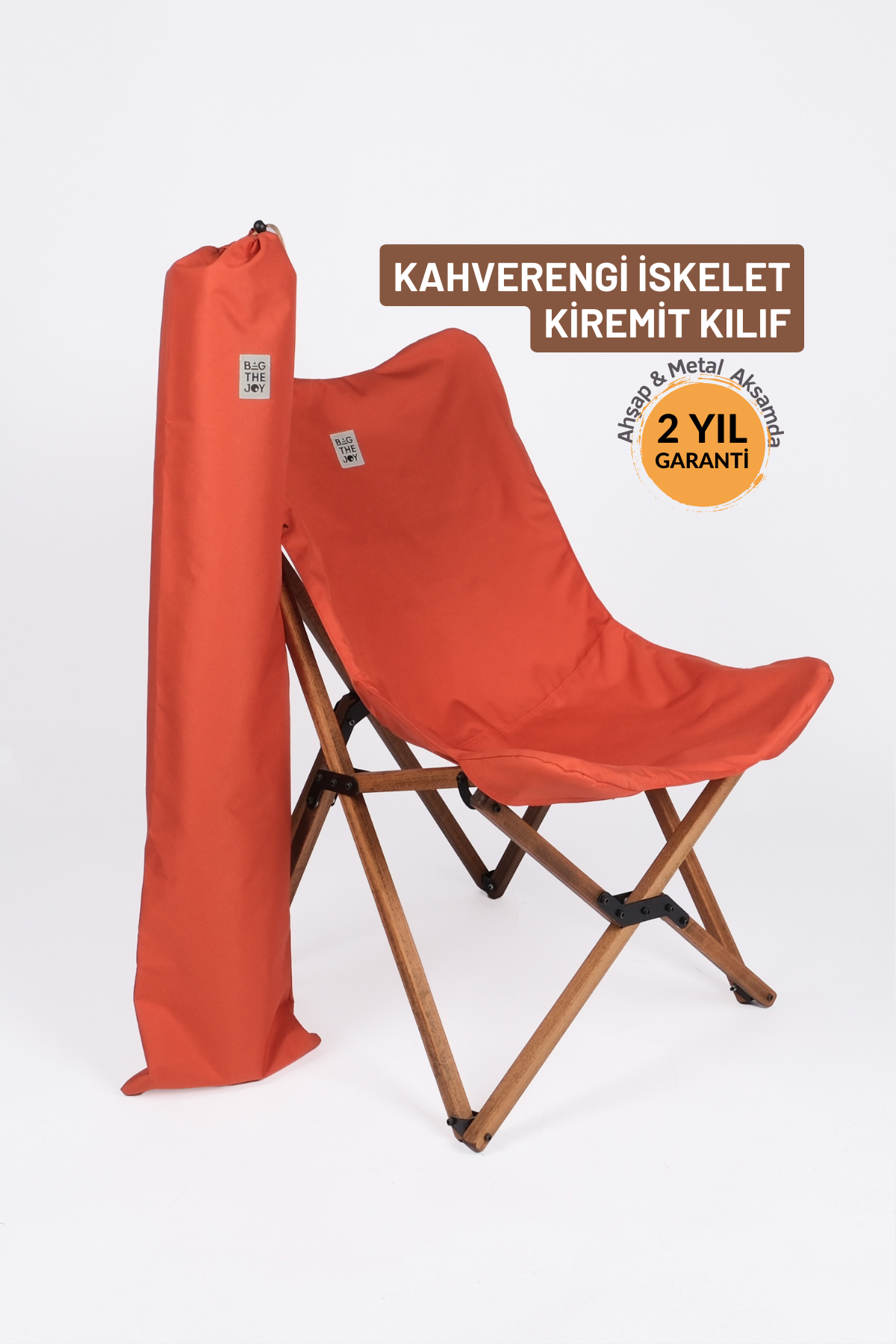 BAG THE JOY KATLANIR AHŞAP KAMP ve BAHÇE SANDALYESİ – KAHVERENGİ İSKELET – KİREMİT KILIF