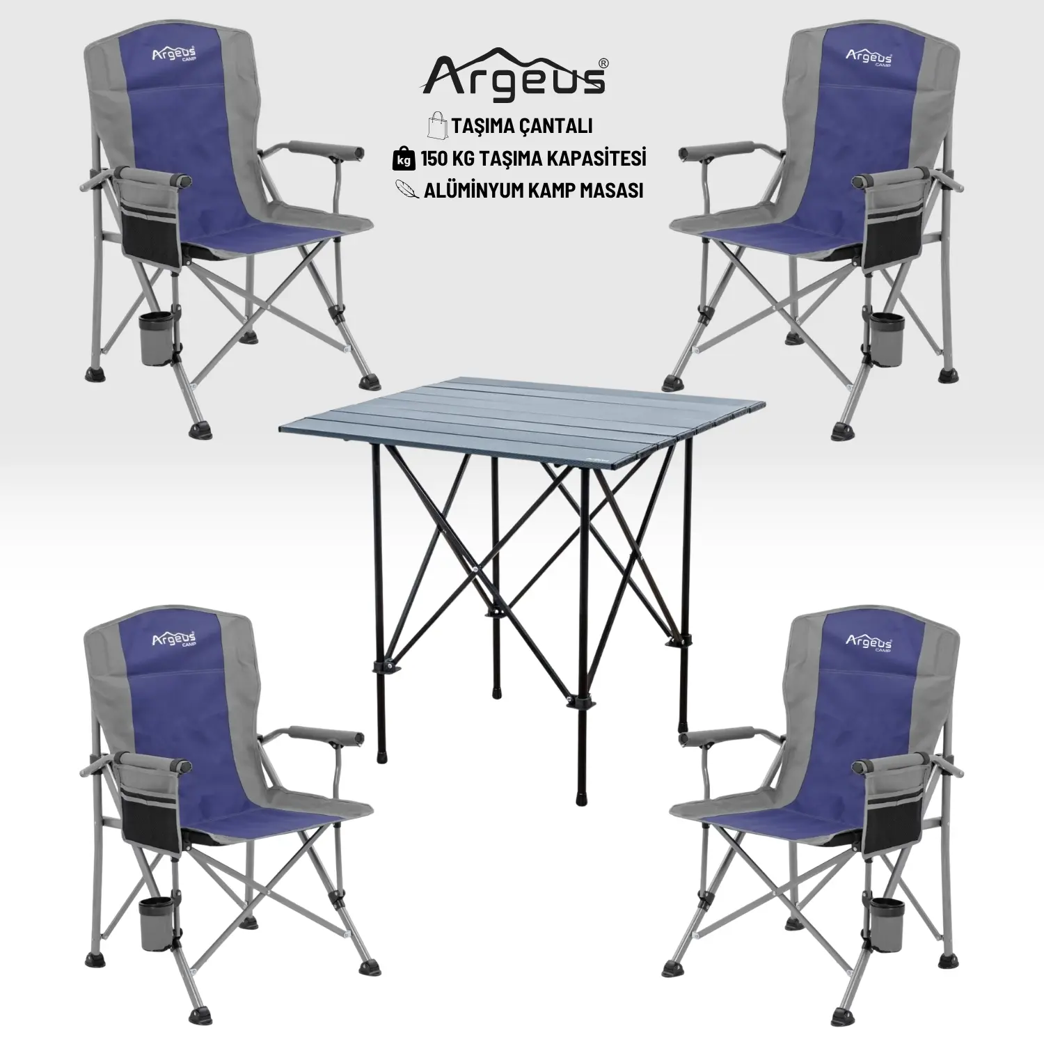 ARGEUS 4 Adet Katlanır Kamp Sandalyesi ve Alüminyum Masa Seti – Rustic Dark – Mavi