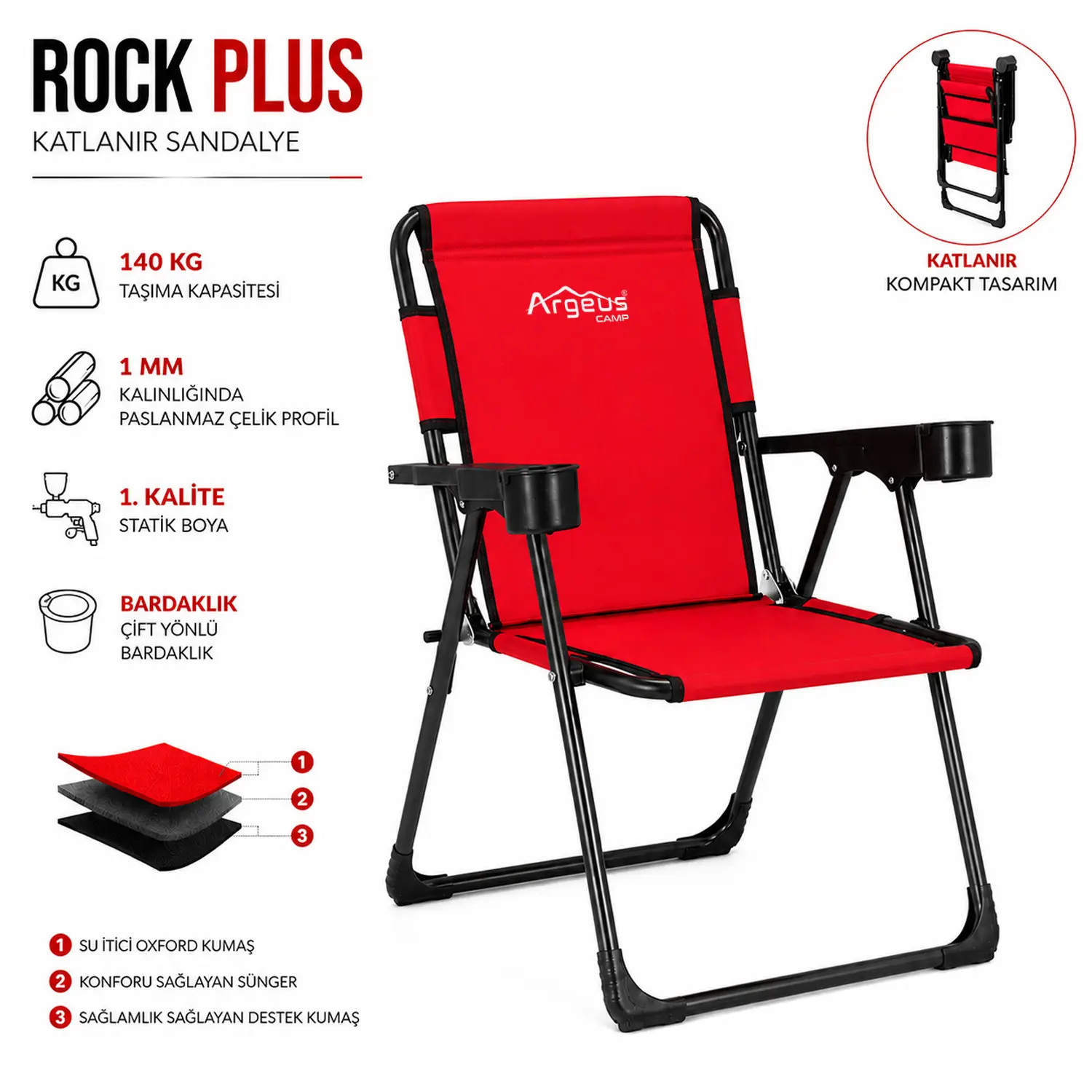 ARGEUS Katlanır Piknik ve Kamp Sandalyesi – Bardaklıklı – Rock Plus – Kırmızı