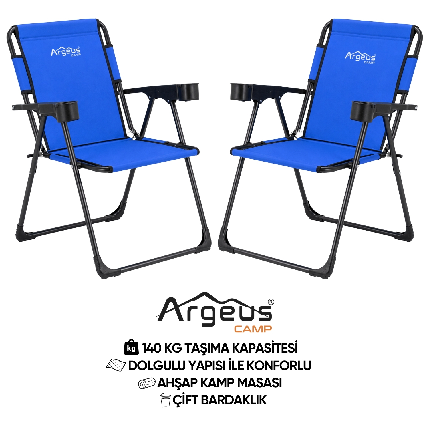 ARGEUS 2 Adet Katlanır Kamp Sandalyesi Seti – Rock Plus – Mavi
