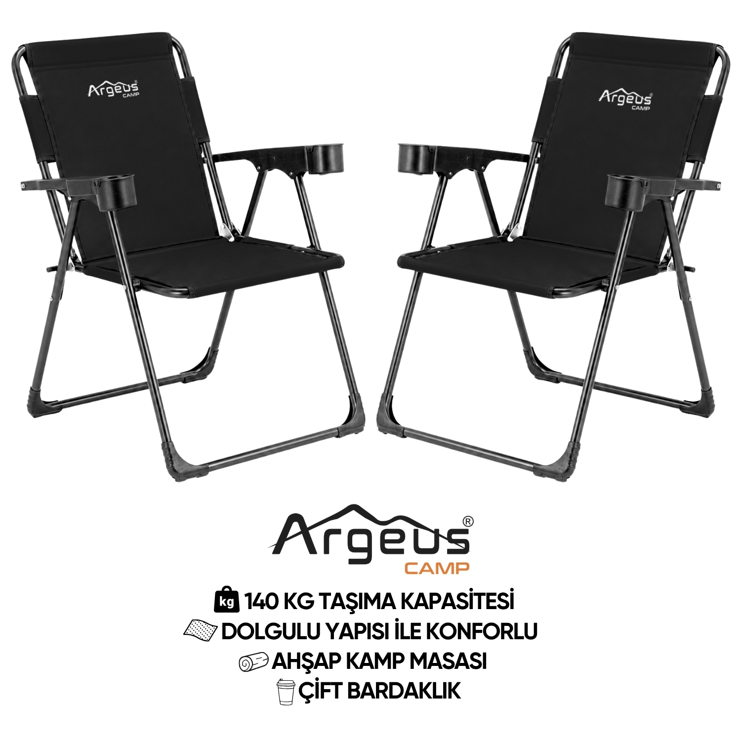 ARGEUS 2 Adet Katlanır Kamp Sandalyesi Seti – Rock Plus – Siyah