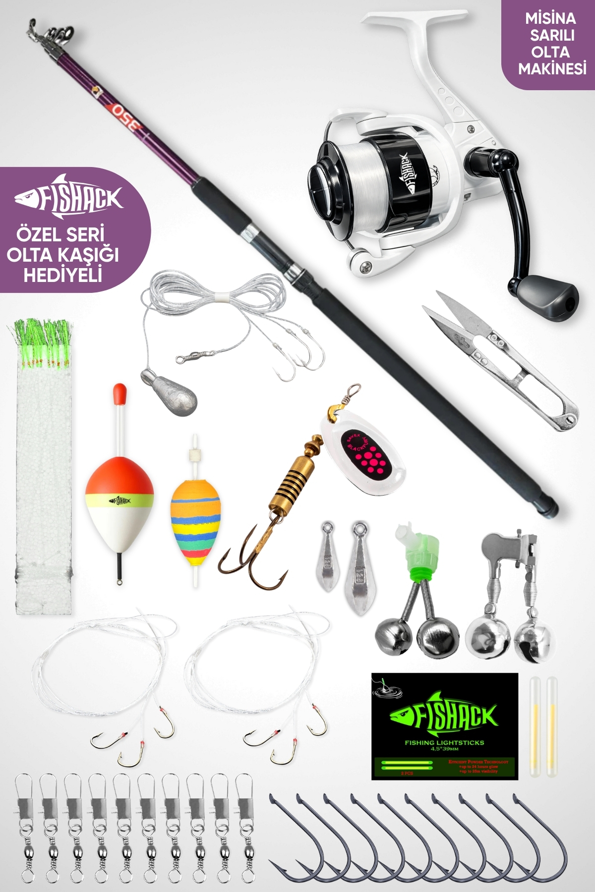 Fishack Deniz Ve Göl Surf Olta Takımı Seti 350cm Kamış 60/120gr / 60’lık Makine (Mor)