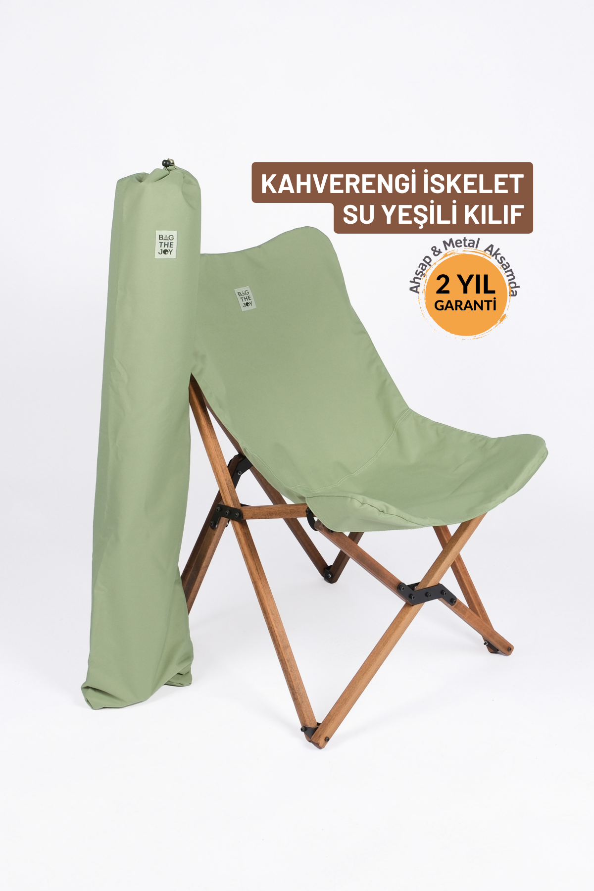 BAG THE JOY KATLANIR AHŞAP KAMP ve BAHÇE SANDALYESİ – KAHVERENGİ İSKELET – SU YEŞİLİ KILIF