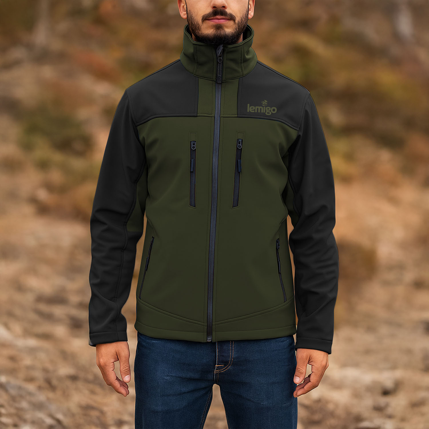 Lemigo Su ve Rüzgar Geçirmez Softshell Mont – Lemigo – Haki-Siyah