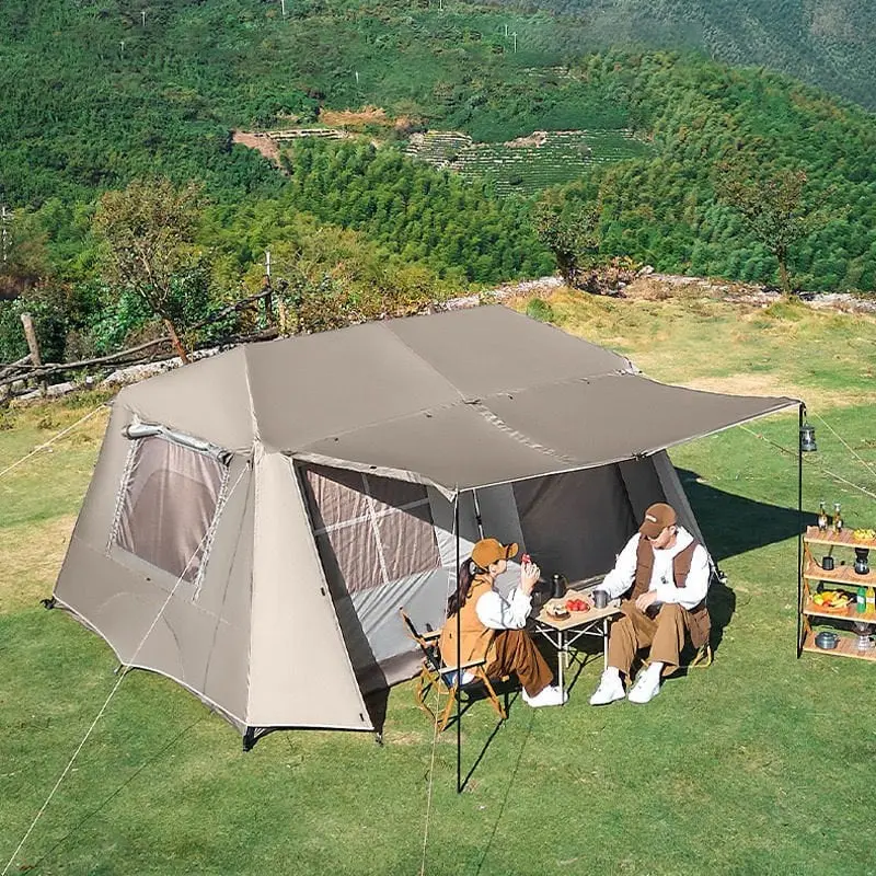 SHUFA BEJ Çift katmanlı zirve tasarımlı dört mevsim çadırı, 16.3 metrekare, dış ölçüler: 430*380*220 cm.