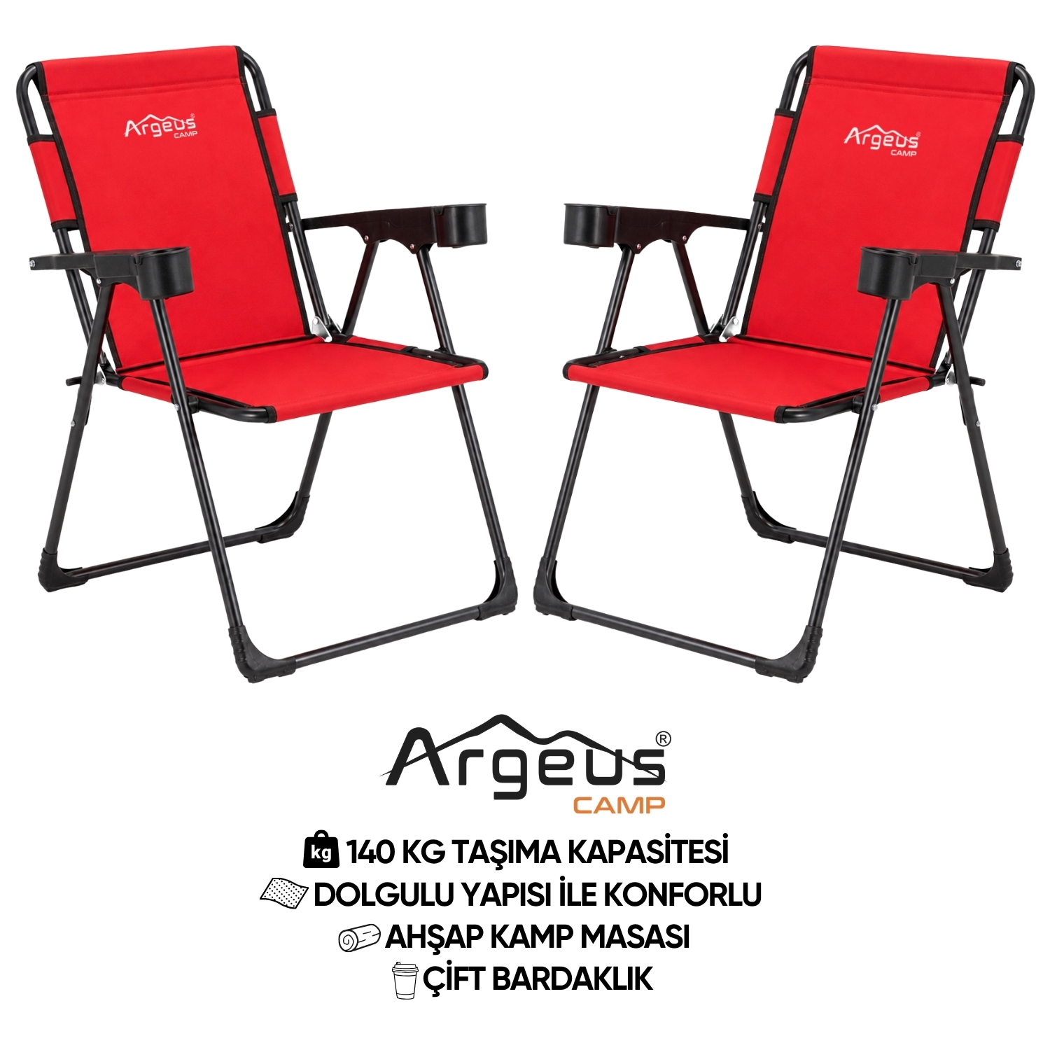 ARGEUS 2 Adet Katlanır Kamp Sandalyesi Seti – Rock Plus – Kırmızı