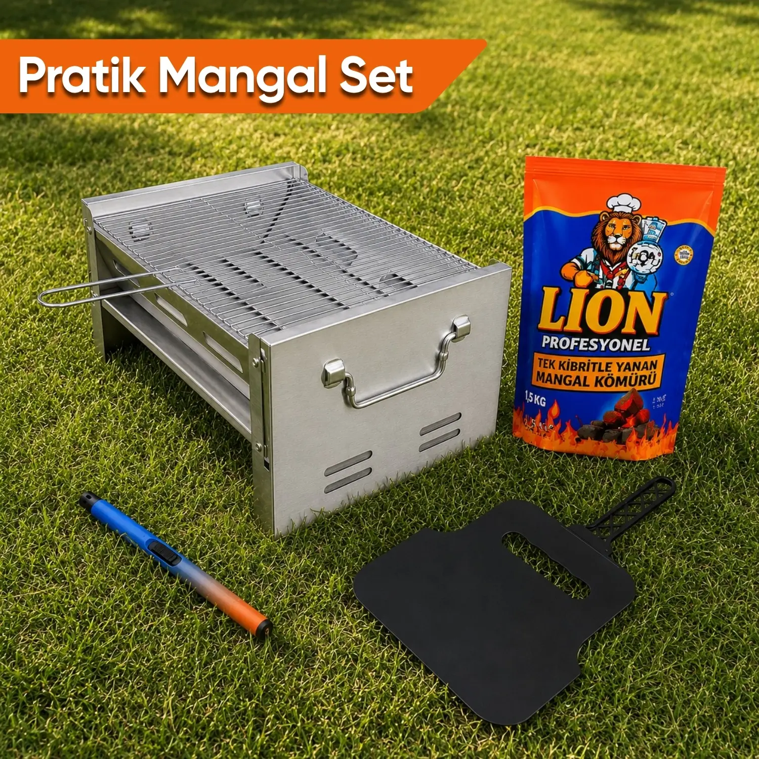Savex Pratik Mangal Set – Katlanabilir Mangal – Kömür – Çakmak – Yelpaze