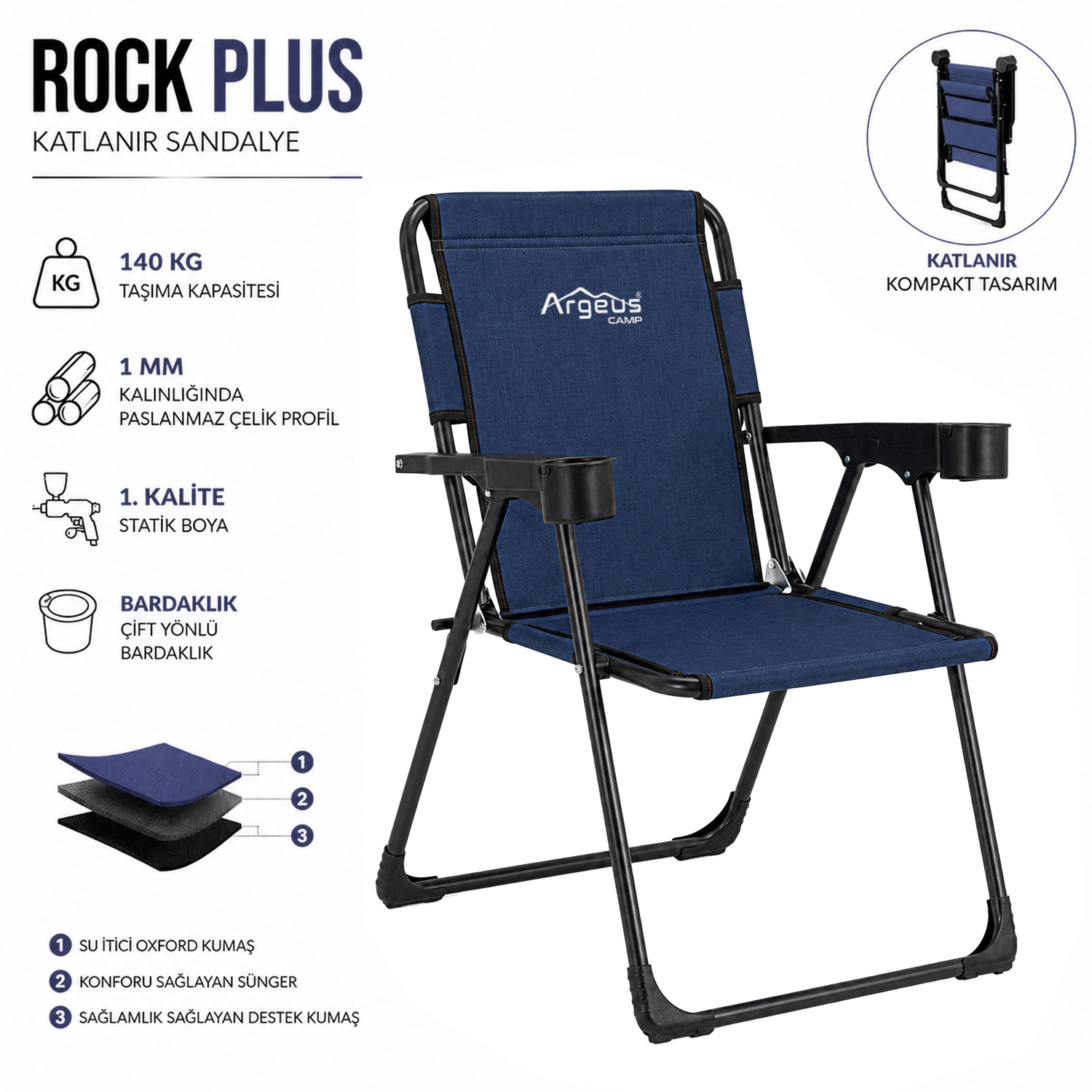 ARGEUS Katlanır Piknik ve Kamp Sandalyesi – Bardaklıklı – Rock Plus – Linen Lacivert