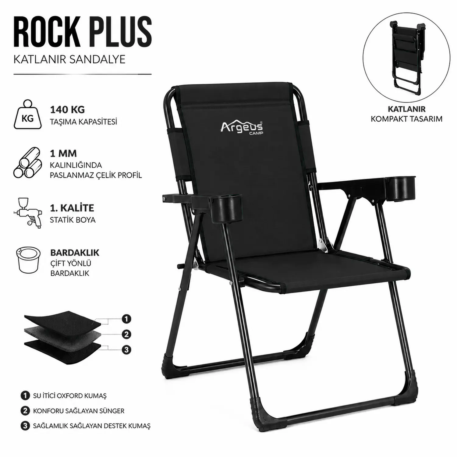 Katlanır Piknik ve Kamp Sandalyesi – Bardaklıklı – Rock Plus – Siyah