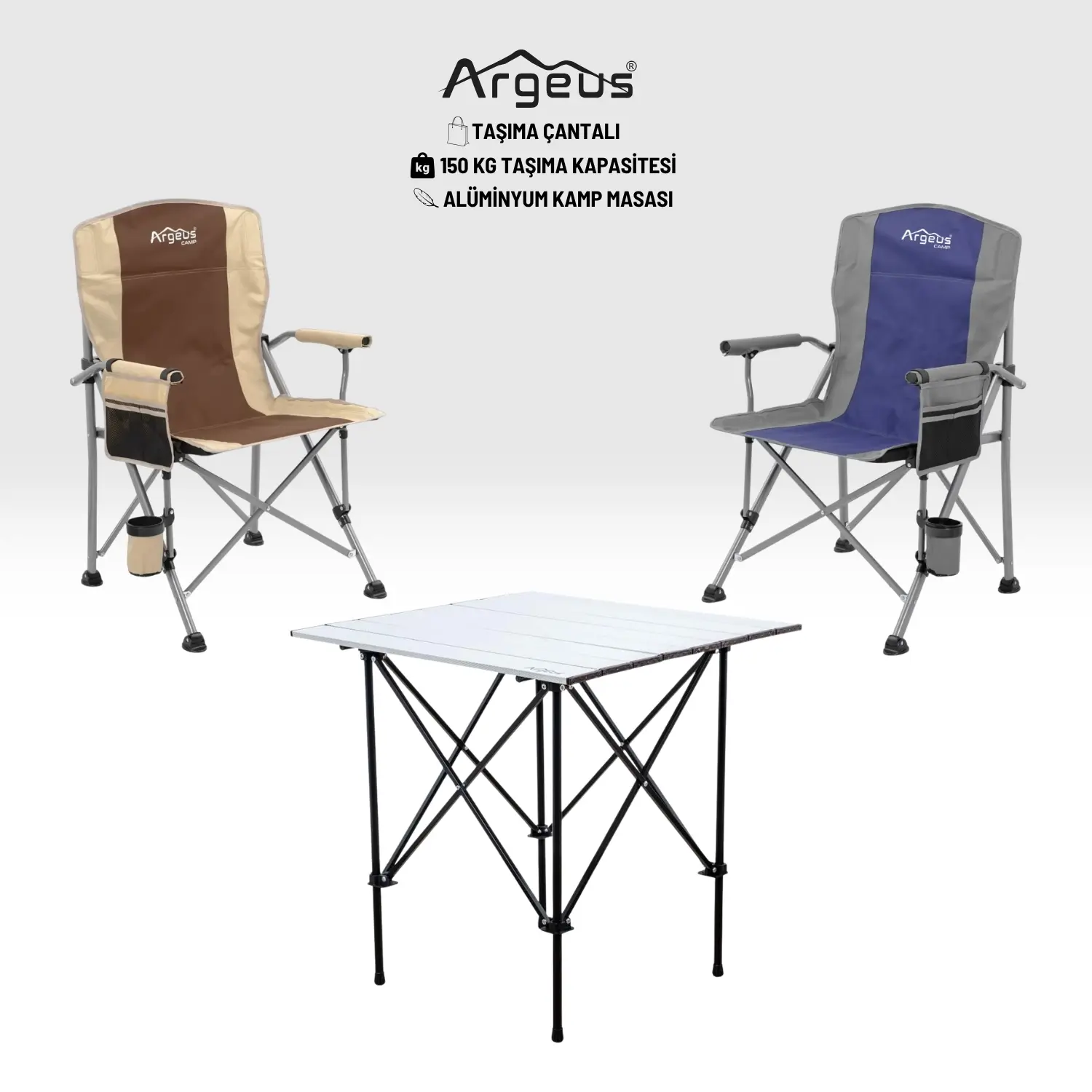 ARGEUS 2 Adet Katlanır Kamp Sandalyesi ve Alüminyum Masa Seti – Rustic Silver -Kum/Mavi