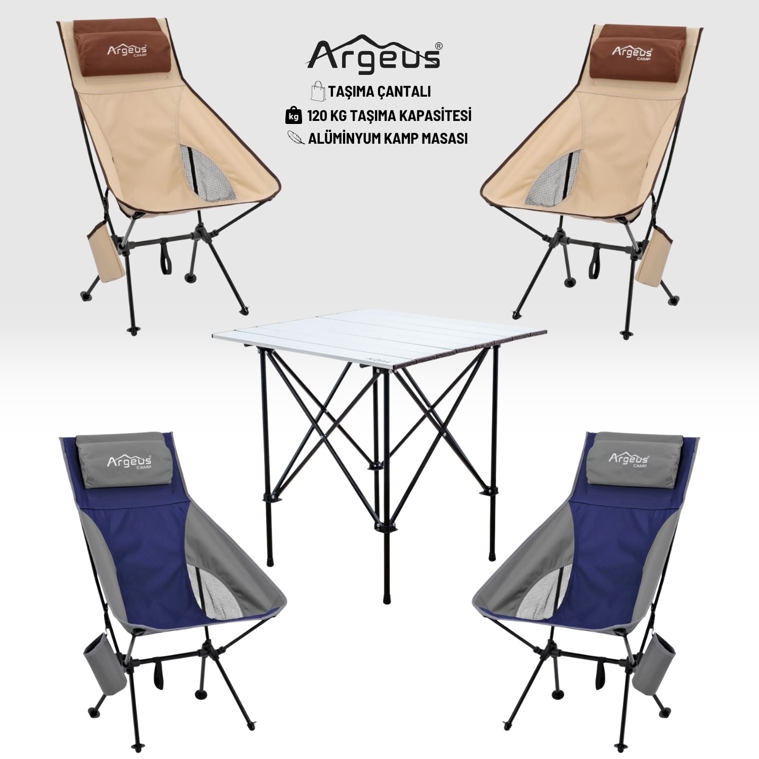 ARGEUS 4 Adet Katlanır Kamp Sandalyesi ve Alüminyum Masa Seti – Aero Silver – Mavi/Kum