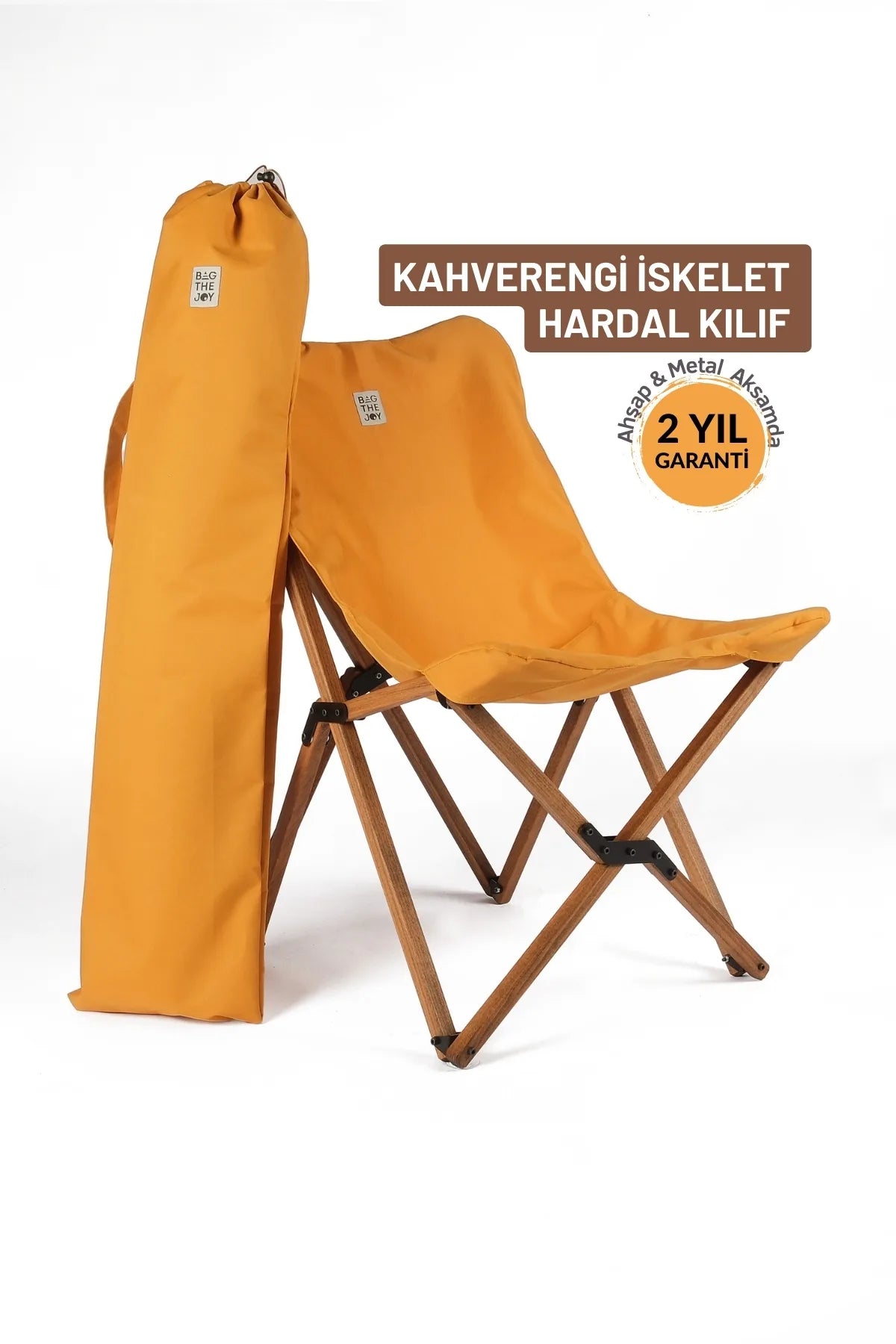 BAG THE JOY KATLANIR AHŞAP KAMP ve BAHÇE SANDALYESİ – KAHVERENGİ İSKELET – HARDAL KILIF