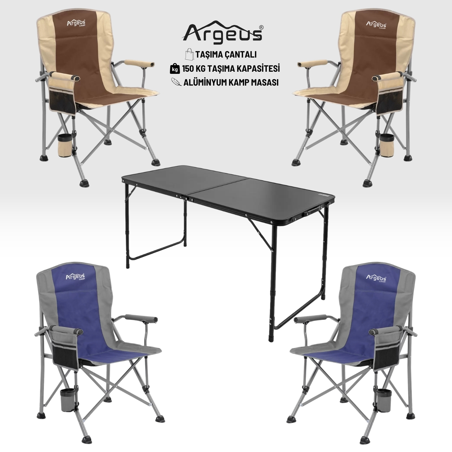 ARGEUS 4 Adet Katlanır Kamp Sandalyesi ve Alüminyum Masa Seti – Rustic – Elevate Siyah