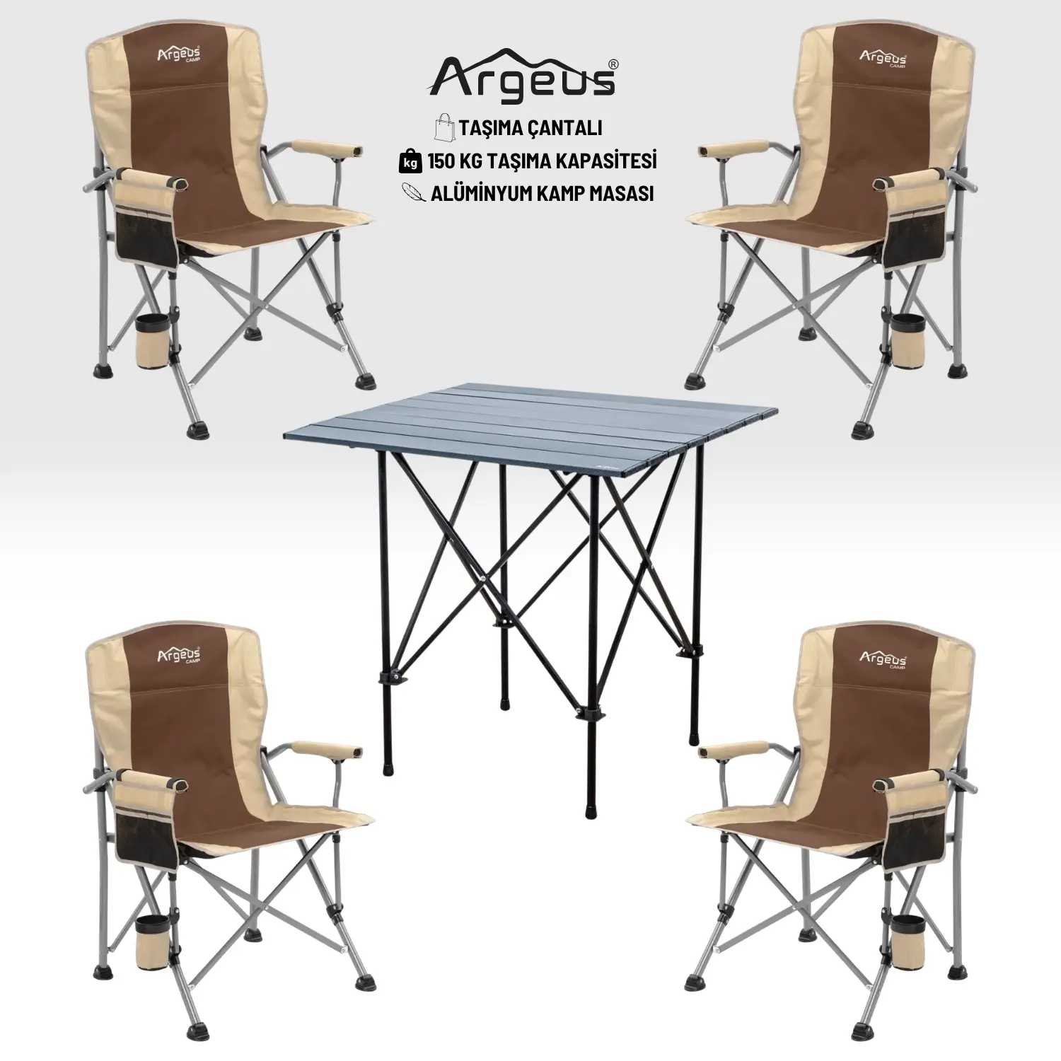 ARGEUS 4 Adet Katlanır Kamp Sandalyesi ve Alüminyum Masa Seti – Rustic Dark – Kum