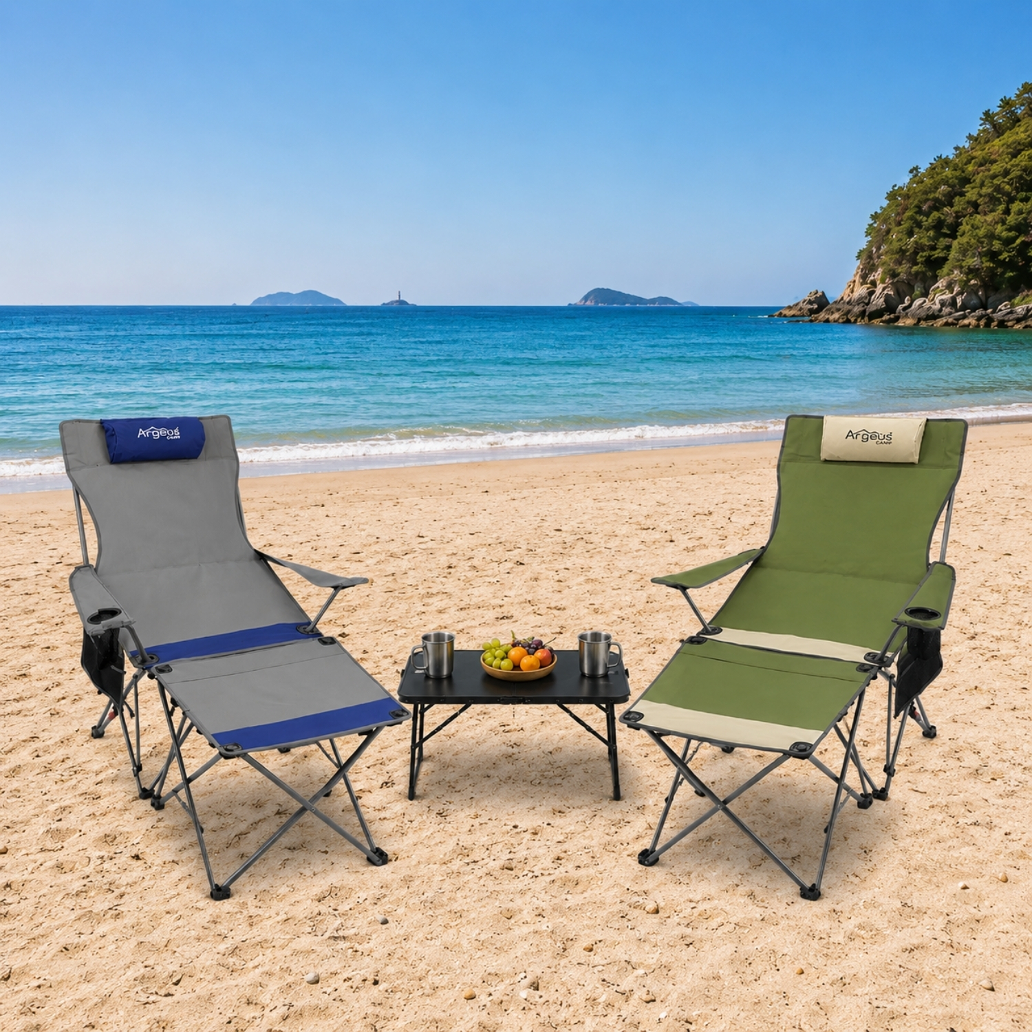 ARGEUS 2 Adet Şezlong Kamp Sandalyesi ve Masa Seti – Plaj Seti – Lounge Elevate